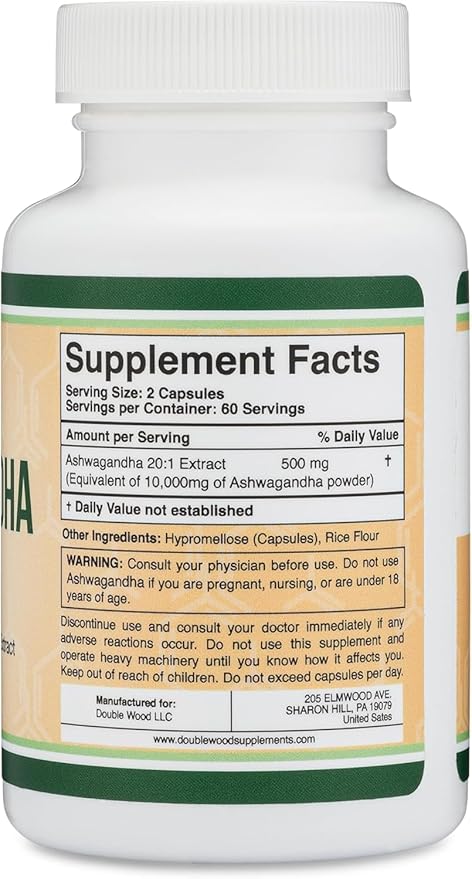Ashwagandha Capsules, 120 Count (500mg Extract 20:1 Potency) Adaptogen Stress Relief by Double Wood