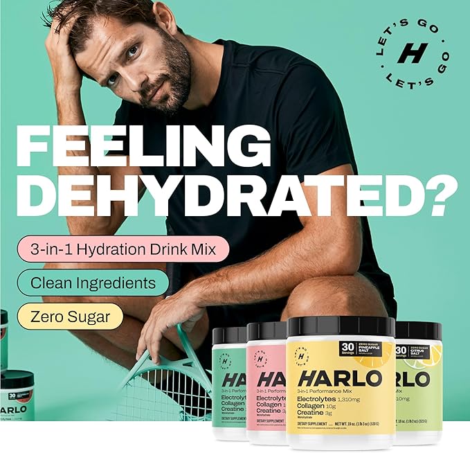 Harlo - Collagen & Creatine Electrolyte Drink Mix – Pineapple Salt Flavor – Hydrating Pre & Post Workout Powder – Supports Skin, Joints & Muscle Recovery – Sugar-Free Energy Boost