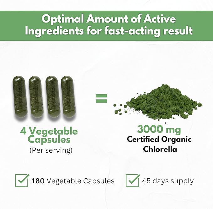 Chlorella Capsules Organic 3000 mg - Cracked Cell Wall Blue Green Algae Supplement - Best Natural Detox Cleanse - Plant Vitamins Minerals Chlorophyll Vegan Protein Powder Pills - Made in USA
