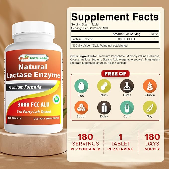 Best Naturals Fast Acting Lactase Enzyme Tablet, 3000 Fcc Alu, 180 Count (859375002900)