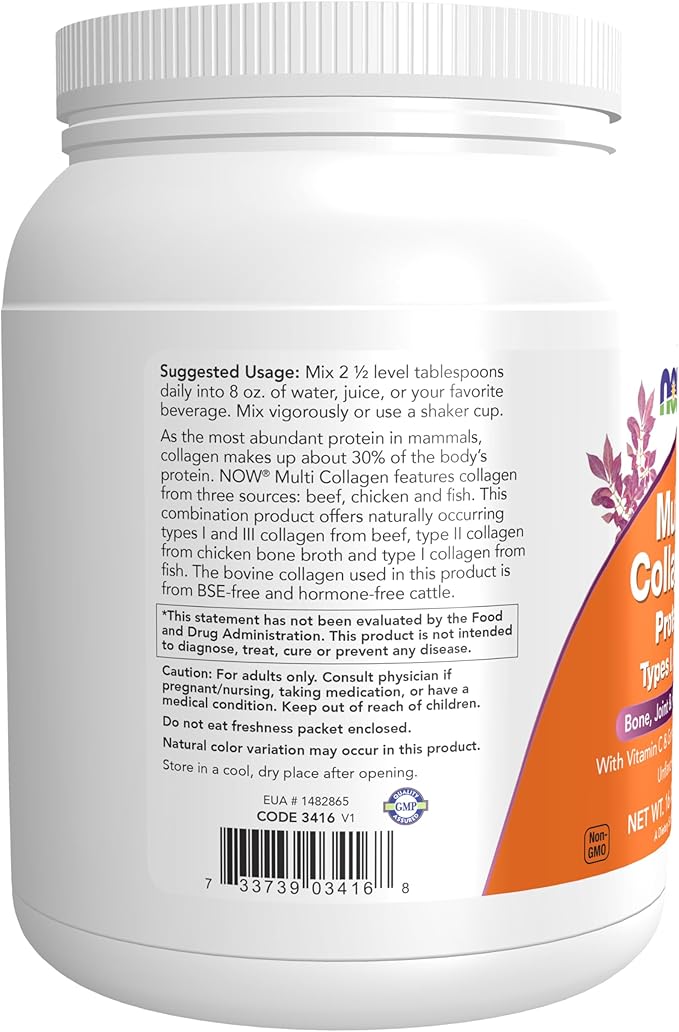 NOW Foods Supplements, Multi Collagen Protein Types I, II & III Powder, Bone, Joint, and Skin Health, 16 oz (454 g)