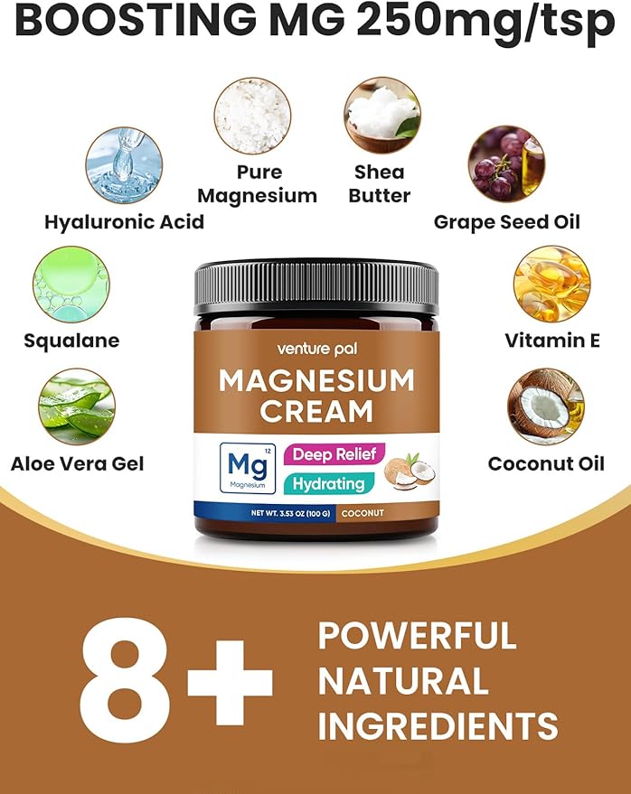 Venture Pal Magnesium Lotion, Topical Magnesium Cream for Sleep, Leg Cramps & Pain, Muscle Relaxation, Calm, Moisturizing Supplement with Coconut Oil, Shea Butter & Hyaluronic Acid, Safe for Kids