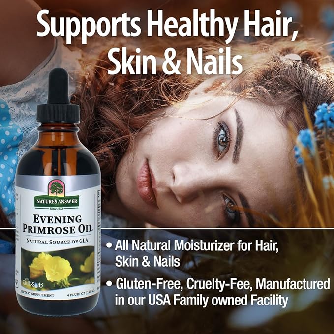 Nature's Answer Liquid Evening Primrose Oil 4oz Liquid | Cold Pressed | Essential All Natural Moisturizer for Hair, Skin, Nails | Rosacea Psoriasis Eczema Relief | Single Count