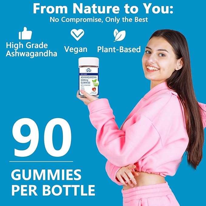 Ashwagandha Gummies 2000mg, Ashwagandha High Strength Root Extract Supplement with Vitamin B12 for Men Women, Strawberry Flavour 45 Days Supply 90 Gummies