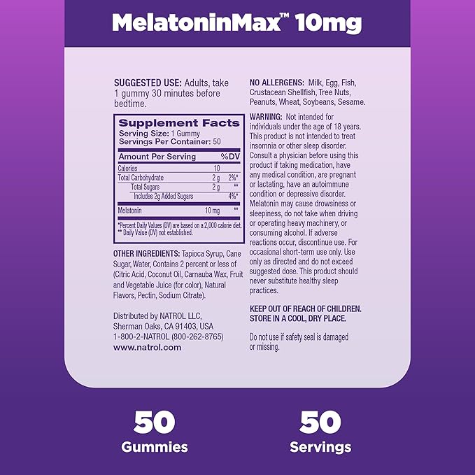 Natrol MelatoninMax Sleep Aid Gummy, 10mg per Gummy, Maximum Strength for Better Sleep, 10mg, 50 Blueberry Flavored Gummies (Pack of 12)