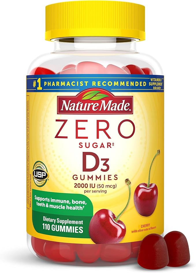 Nature Made Zero Sugar Vitamin D3 Gummies 2000 IU (50 mcg) per Serving, Immune, Bone, Teeth & Muscle Support Supplement, Aspartame Free, 110 Sugar Free Vitamin D Gummies, 55 Day Supply