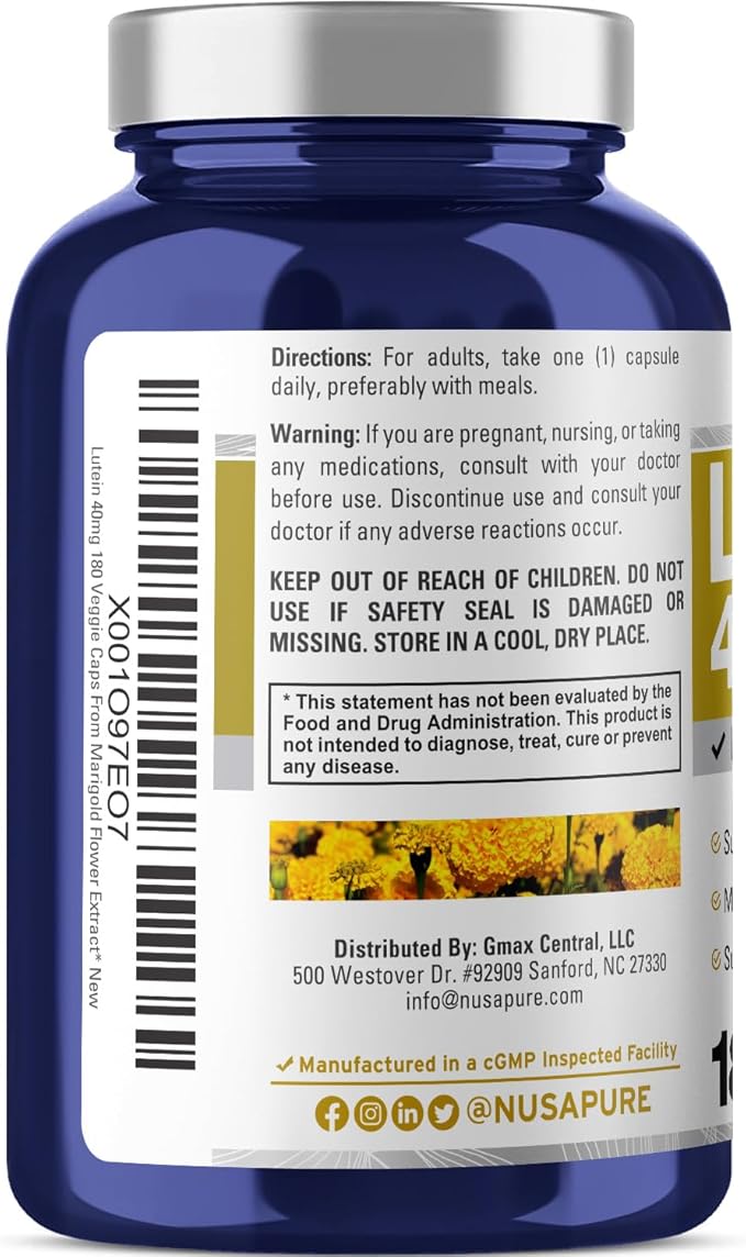 NusasPure Lutein 40mg 180 Veggie Capsules (Non-GMO, Vegan)