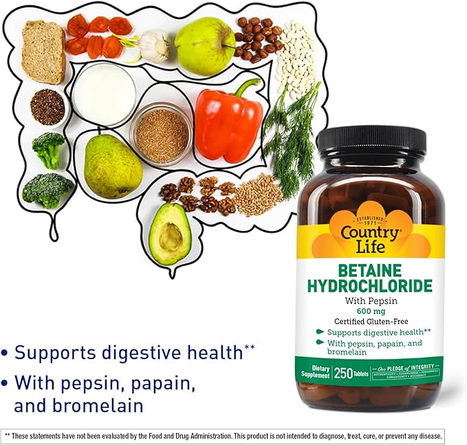 Country Life Betaine Hydrochloride with pepsin 600 mg - 250 Tablets