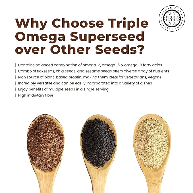 Pride Of India - Triple Omega Superseed Mix - Protein, Fiber, Calcium, Iron, Omega-3, Omega-6, & Thiamin Rich Superfood w/Chia Flax & Sesame Seeds, 1.25 Pound (20oz) Jar