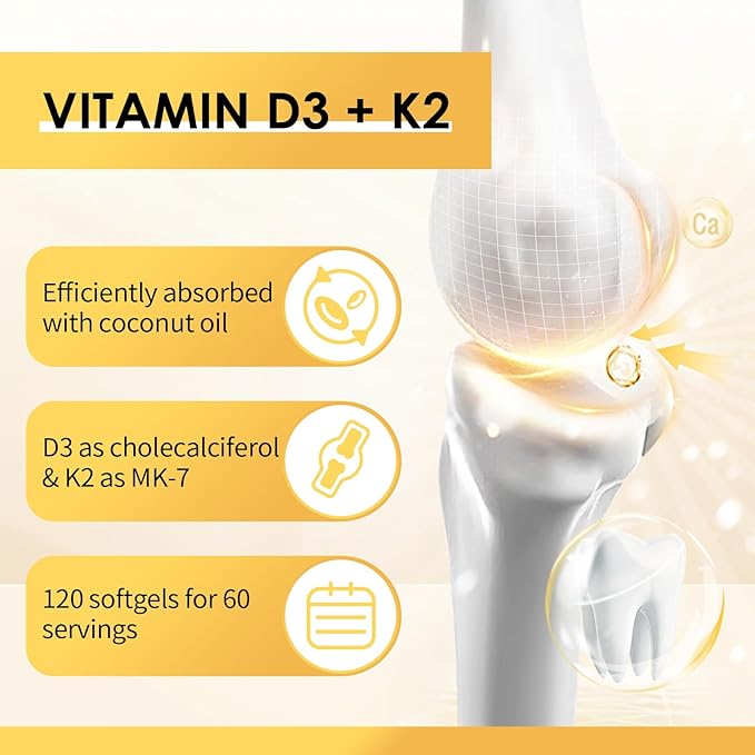 Vitamin D3 K2 Supplement with Vitamin D3 5000 IU, 200 mcg Vitamin K2 MK-7 & Natural Coconut Oil, Plant Based 2-1 Formula for Bone, Teeth, Muscle and Immune Health Support,120 Softgel Capsules