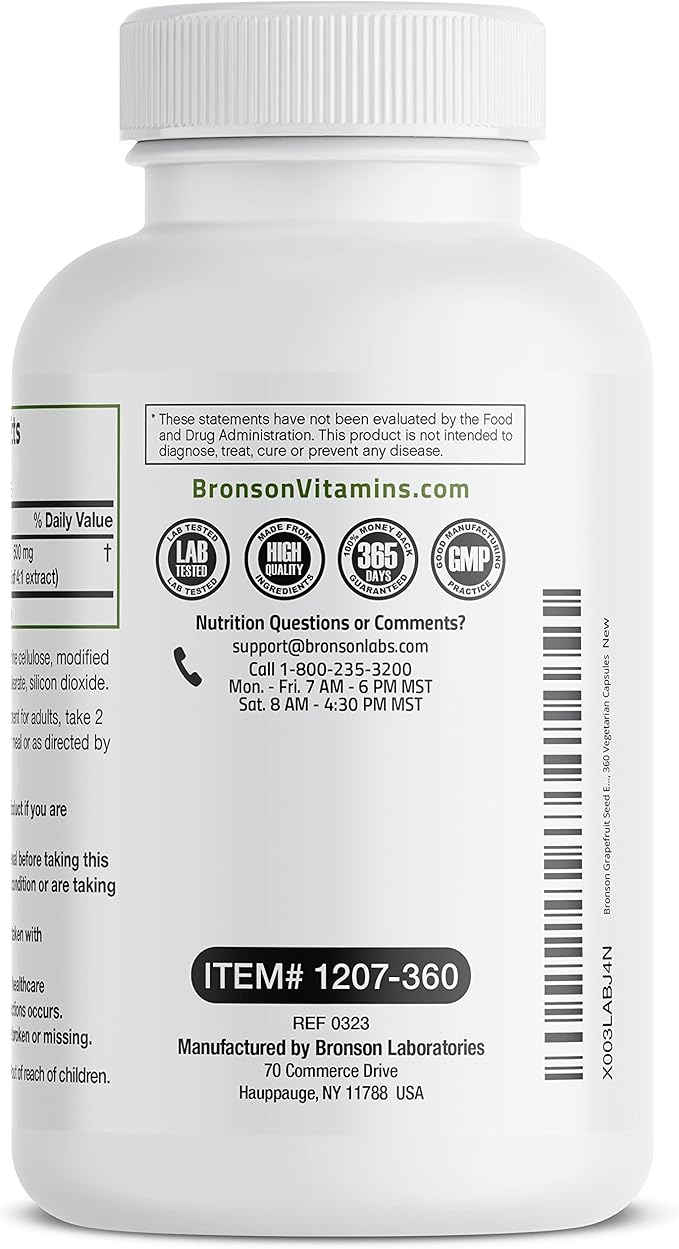 Bronson Grapefruit Seed Extract 500 MG per Serving Citrus Paradisi Supports Immune Health & Helps Maintain a Healthy Gastrointestinal Tract - Non-GMO, 360 Vegetarian Capsules