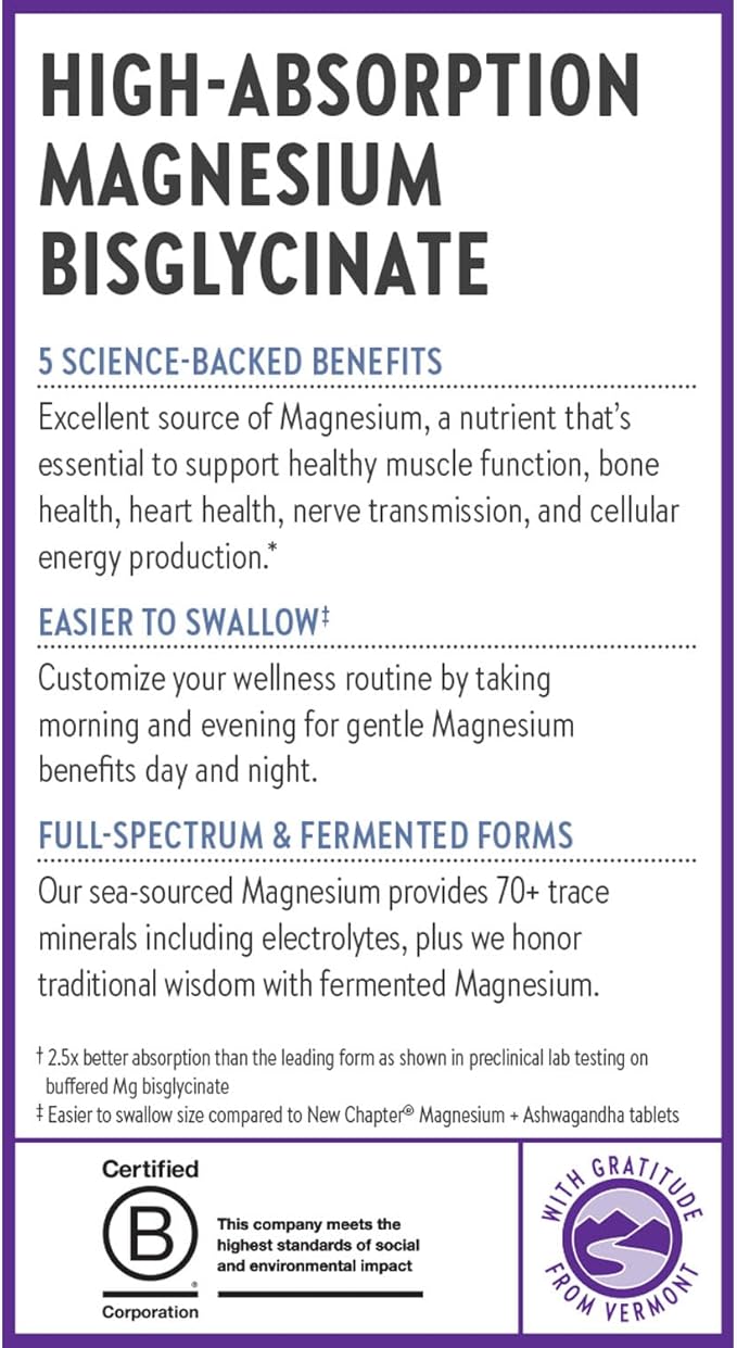 New Chapter Magnesium Complex Supplement for Heart, Bone, Nerve, Muscle & Cellular Energy - Well-Absorbed Magnesium Glycinate + Sea-Sourced & Fermented Forms, 100% Vegan, 60 Tablets