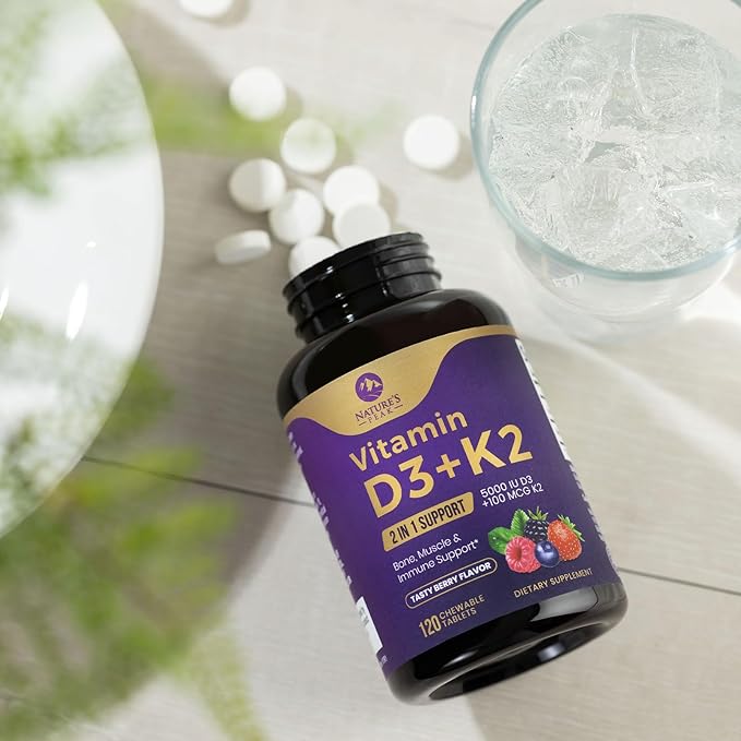 Vitamin D3 5000 iu Plus K2 (MK-7) 100 mcg - 2 in 1 Vitamins D & K Complex - Supports Calcium Absorption, Bone, Immune, & Heart Health – Made in the USA, Non-GMO, Easy to Swallow, 120 Chewable Tablets