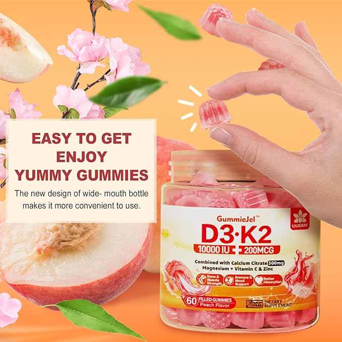 Vitamin D3 K2 Filled Gummies 5000IU / 10,000 IU with 500mg Calcium + K2(MK-7) 200mcg, Magnesium, Vitamin C & Zinc, Extra Strength - Ultimate Absorbency for Bones Muscles Teeth, Vegan -- Pack of 2