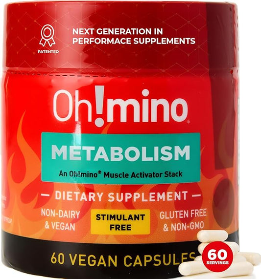 Oh!mino Metabolism Support Supplement for Efficient Fat to Energy Conversion w/L-Carnitine, Phenylcapsaicin, & Vitamin B3 - Non-Jitters, Stimulant-Free, Vegan, Non-Dairy Capsules (60 Servings)