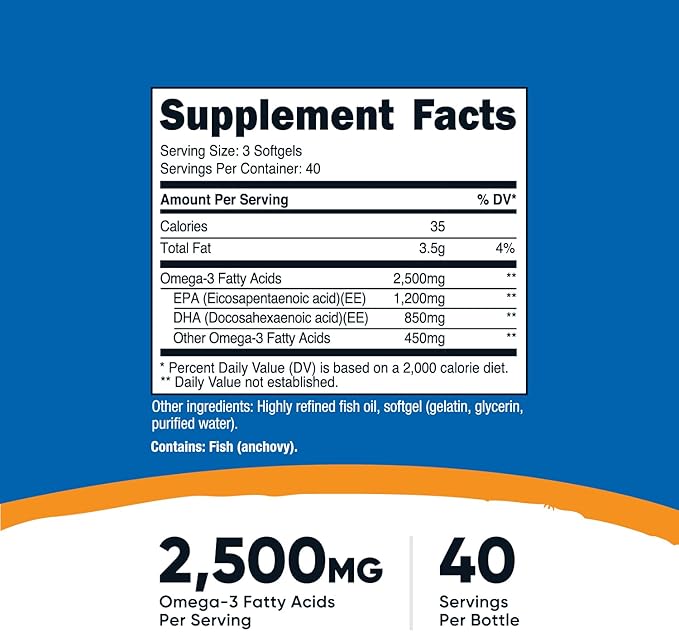 Nutricost Omega 3 Fish Oil - 2500MG, 120 Softgels (40 Serv) - Fish Oil, Wild Caught! 1200mg EPA 850mg DHA - Non-GMO, Gluten Free