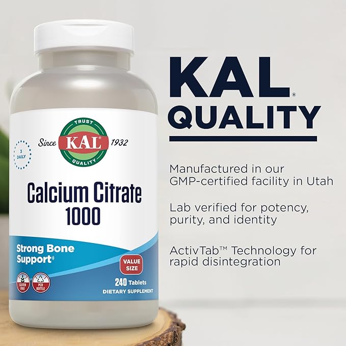 KAL Calcium Citrate 1000mg, Calcium Supplements for Women and Men, Bone Health, Teeth, Nervous, Muscular & Cardiovascular System Support, Gluten Free and Lab Verified, 80 Servings, 240 Tablets