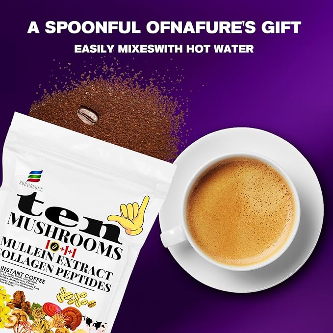 SUNDAFONE Mushroom Coffee, with Grass Fed Collagen, Mullein, Lion's Mane, Reishi for Focus, Immunity, Memory, Clarity, Breathing, Skin Hair Support, 12 Adaptogenic Instant Collagen Slim Coffee