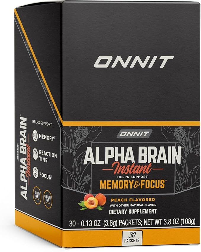 ONNIT Alpha Brain Instant Peach Flavor - Nootropic Brain Booster Memory Supplement - for Focus, Energy & Clarity - Alpha GPC Choline, Cats Claw, L-Theanine, Bacopa - 30ct