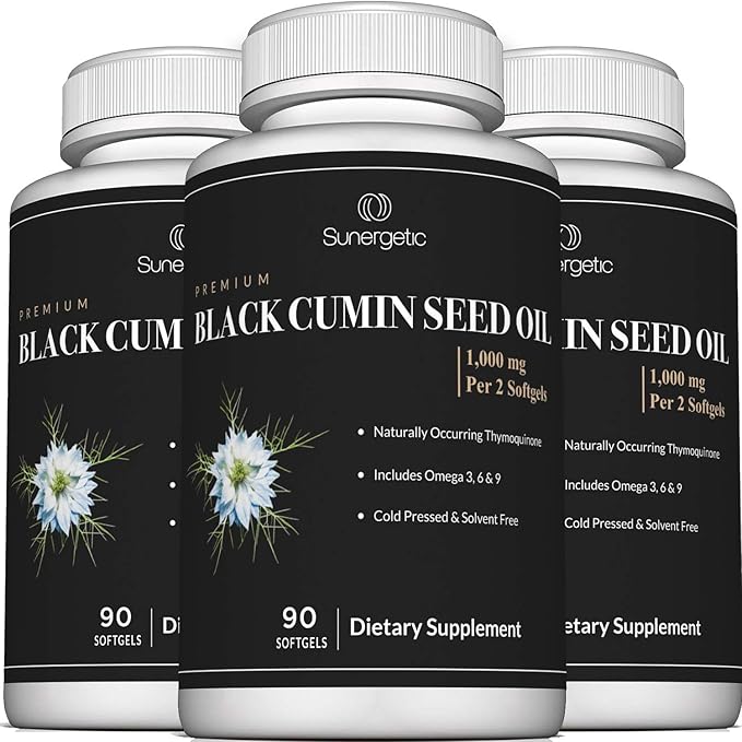 Sunergetic Premium Black Cumin Seed Oil Softgels – 1,000mg of Black Seed Oil Per Serving – Non GMO Cold Pressed Nigella Sativa – Includes Thymoquinone & Omega’s - 90 Softgels