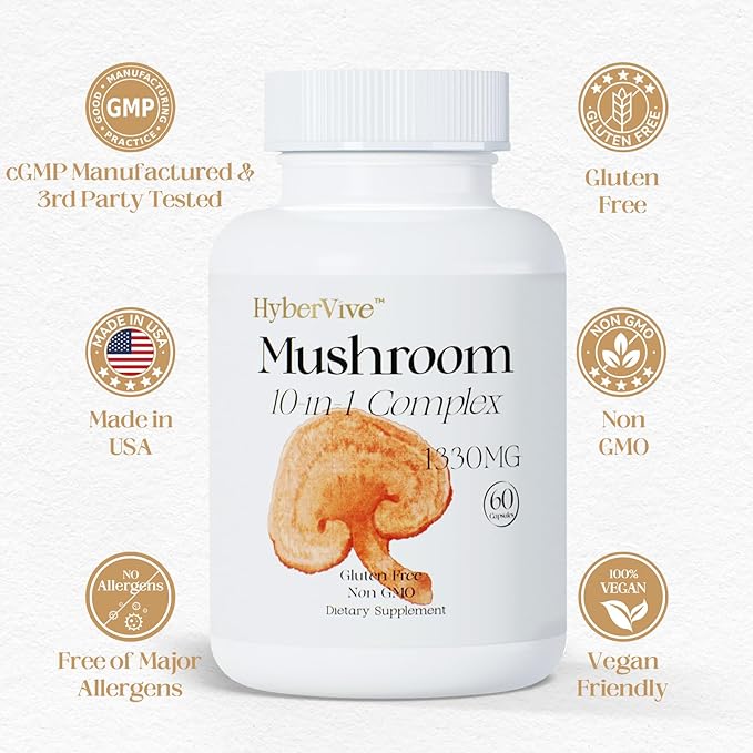 Mushrooms with Cordyceps, Lion's Mane, Shiitake Mushroom Complex for Energy, Immune Health, Brain Support & Overall Wellness | Non-GMO, Gluten-Free, 1300mg Per Serving, 60 Capsules
