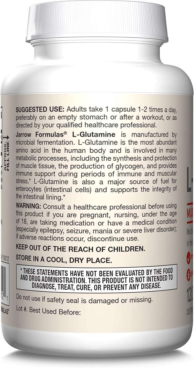Jarrow Formulas L-Glutamine 750 mg, Dietary Supplement, Immune and Muscle Support, 120 Veggie Capsules, Up to 120 Day Supply