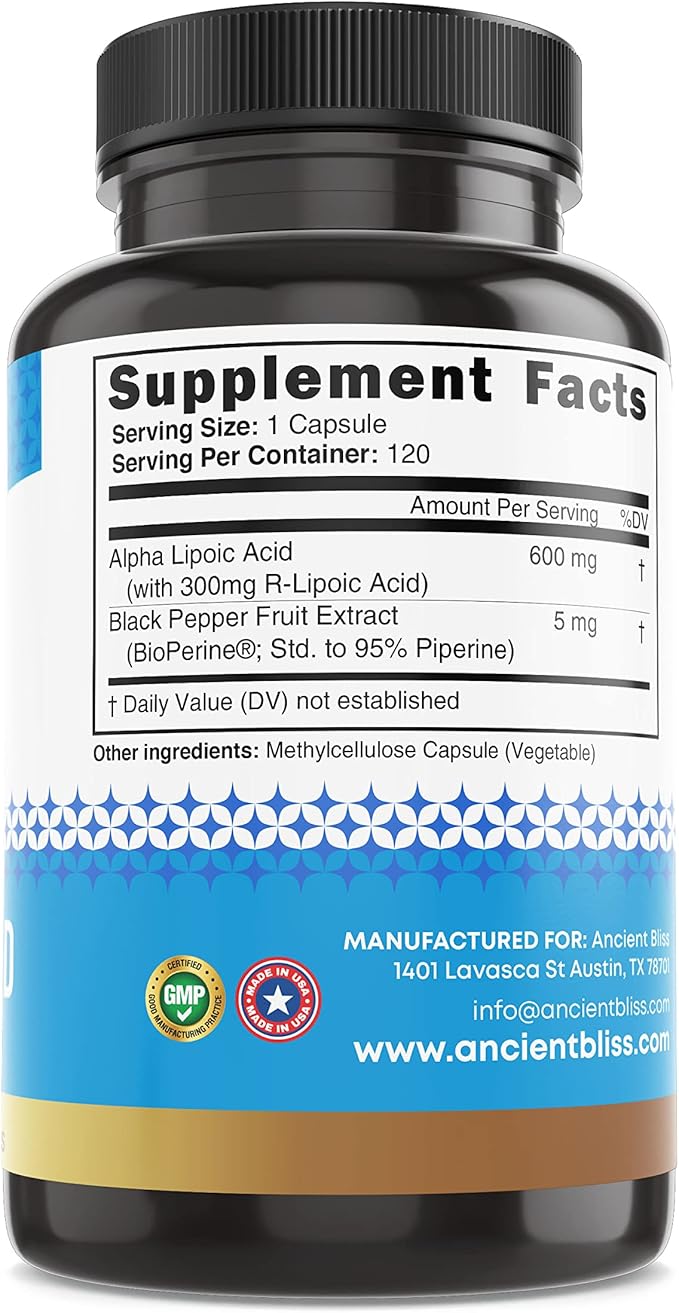 Ancient Bliss Alpha Lipoic Acid Supplement, Antioxidant and Energy Support, ALA Supplement with Bioperine, No Gluten and Soy, 600mg per Serving, 120 Vegan Capsules
