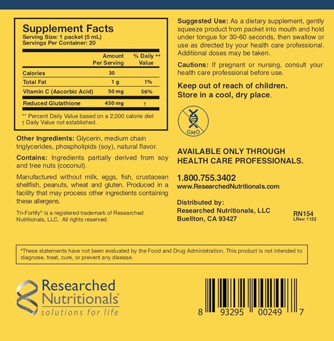 Researched Nutritionals Liposomal Glutathione (450mg) Liquid Gel + Vitamin C - Tri-Fortify - Aid Natural Energy, Immune Support & Detox - Clinically Researched for Absorption, Watermelon (20 Packets)