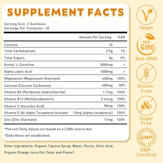 2 Pack Acetyl L-Carnitine Gummies for Energy & Brain Function Support – Vegan, Non-GMO, Orange Flavor, 120 Count (60-Day Supply)