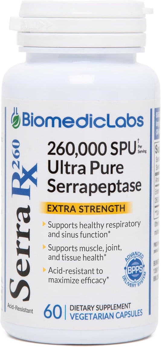 Serra-RX 260,000 SU Serrapeptase -Acid-Resistant Proteolytic Systemic Enzyme, Non-GMO, Gluten Free, Vegan, Supports Sinus, Immune & Lung Health, 60 Veg Capsules