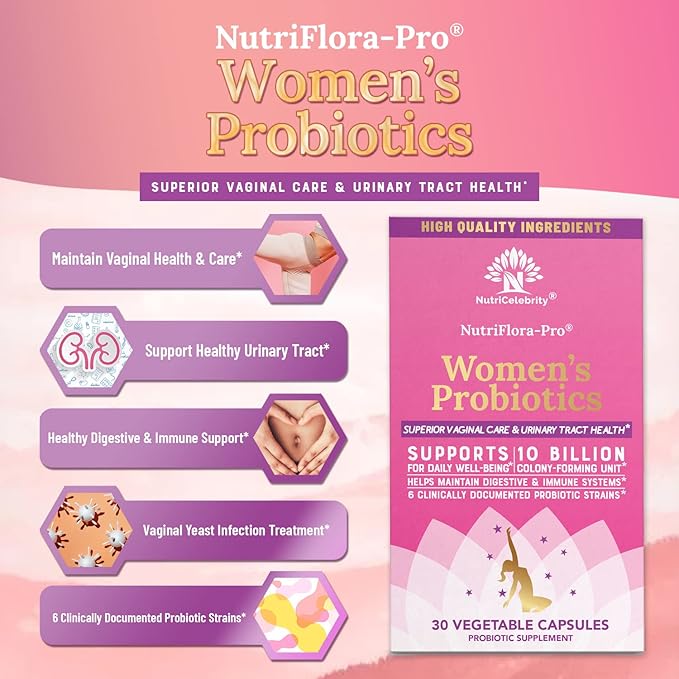 NutriCelebrity NutriFlora-Pro Probiotics for Women - Support Vaginal, Urinary Health (UTI), Digestive System, Period Pain, Yeast, and BV Relief, Cranberry Pills, 10 Billion CFU 6 Strains (30 Caps)