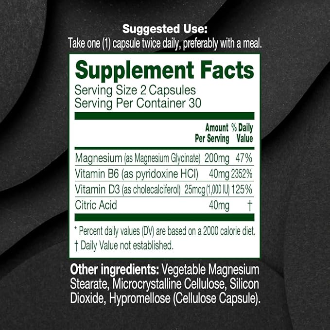 Magnesium Glycinate Complex 60 Capsules with Vitamin B6, D3, Citric Acid Supplement for Muscle, Bones, Sleep, Energy