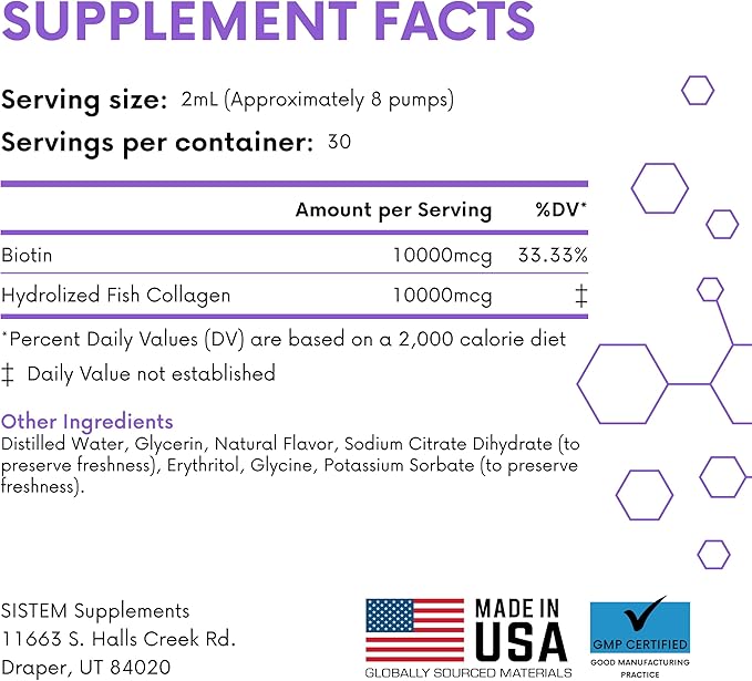 Sistem Extra Strength Liquid Biotin and Collagen Supplements, Hair, Skin and Nails Vitamins, Joint Support Supplement, Liquid Collagen for Women, Pineapple Flavor