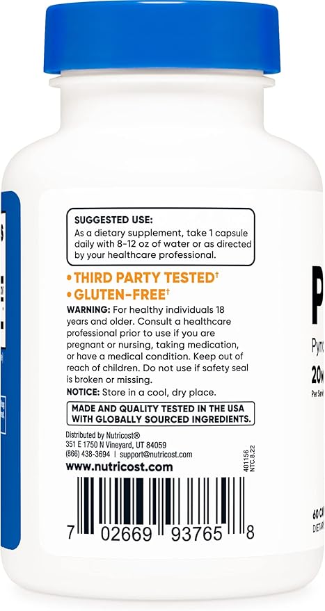 Nutricost PQQ (Pyrroloquinoline Quinone) 20mg, 60 Capsules (2 Bottles) - Veggie Capsules, Non-GMO, Gluten Free