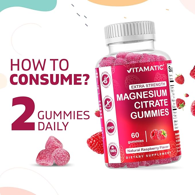 Vitamatic Extra Strength Magnesium Gummies – 255 mg Elemental Magnesium per Serving – 60 Gummies (2-Pack) Supports Relaxation, Muscle Function, Bone Health & Energy – Vegan, Non-GMO, Gluten-Free