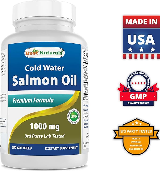 Best Naturals Salmon Oil 1000 mg 250 Softgels Manufactured in a USA Based GMP Certified and FDA Inspected Facility and Third Party Tested for Purity. Guaranteed!!
