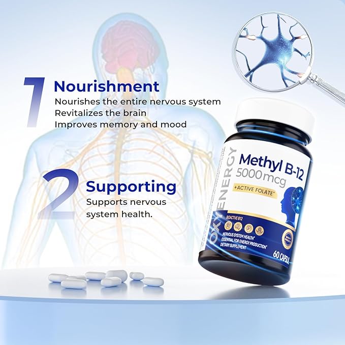 OxyEnergy Methyl Vitamin B12 5000mcg, Extra Strength Methylcobalamin B-12 Supplements with Folate, Support Nerves, Energy Metabolism & Cognitive,60 Capsules