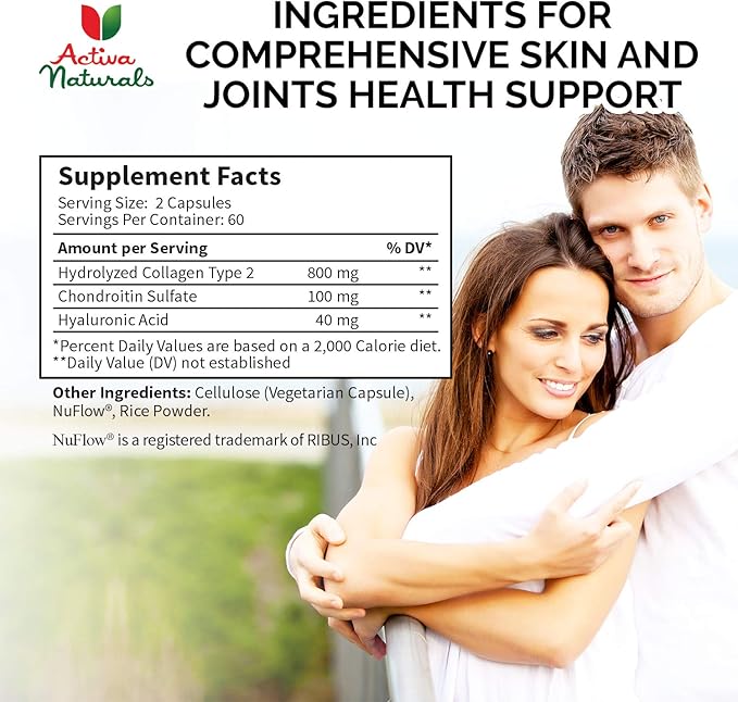 Collagen Type 2 Hydrolyzed Supplement with Chondroitin and Hyaluronic, for Healthy Hair, Skin, Nails, and Joints, No Fillers, Additives, and No Artificial Colors - 120 Vegetarian Capsules
