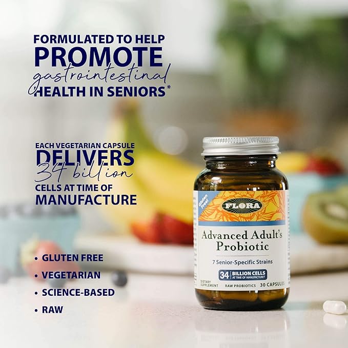 Flora Advanced Adult's Probiotic - Daily Probiotic for Ages 55 & Up - Supports Gut & Digestive Health - 34 Billion CFU - Keep Chilled - Vegetarian & Gluten-Free - 60 Capsules