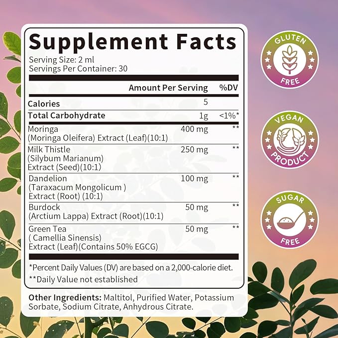 Moringa Milk Thistle Liquid Drops - Liver Health, Immune Support, Antioxidant Blend with Burdock, Green Tea & Dandelion - Moringa Capsules Alternative - Vegan, Natural Flavor,2 Fl Oz