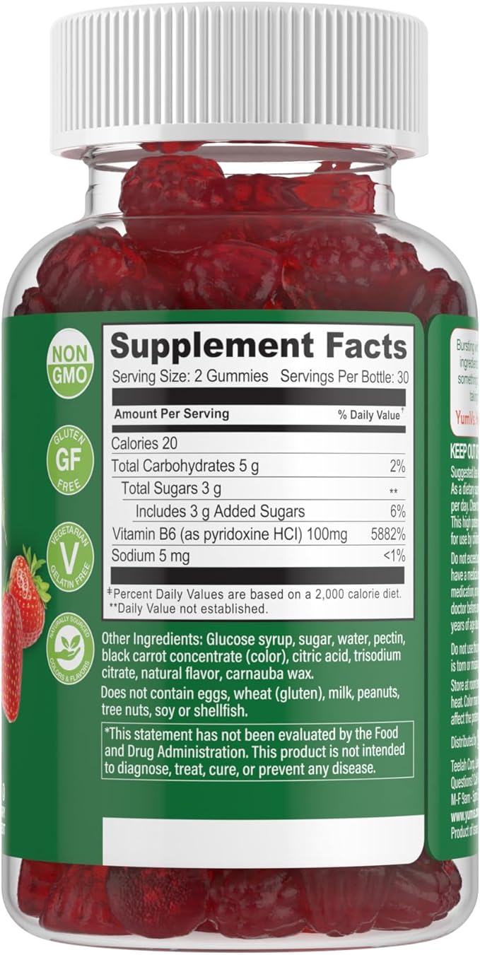 YUM-V'S Vitamin B6 Gummies - High Potency Vitamin B6 100mg - Strawberry Flavor B6 Vitamins Gummies - Nerve & Immune Function, Non GMO Kosher, 60 Count - 2 Pack