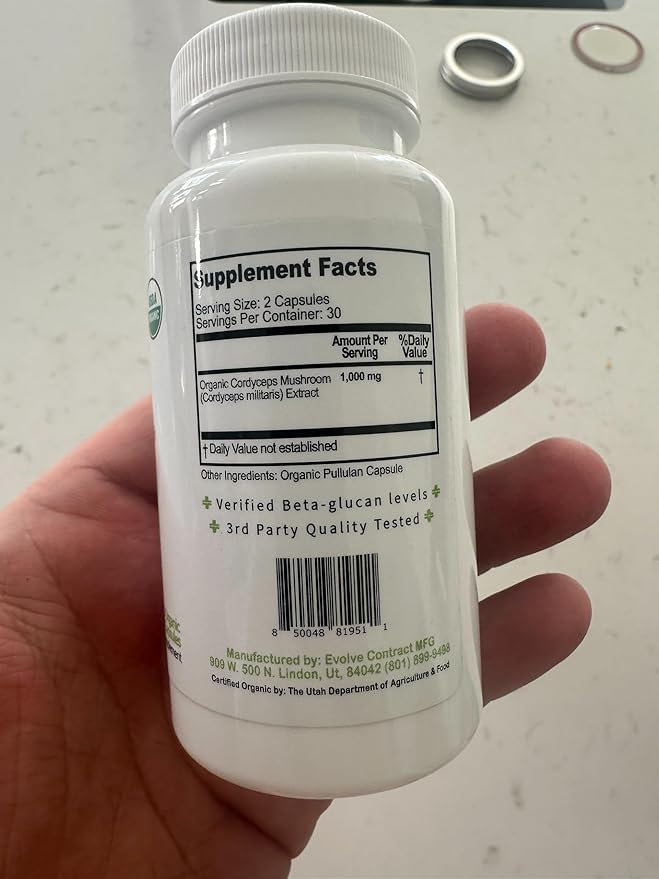 Organic Cordyceps Mushroom Capsules Supplement - 1000mg Cordyceps Militaris Extract - 100% Natural, Real & Pure - Beta-Glucan - Herbal Support for Energy-Boosting & Immune Health - 60 Capsules