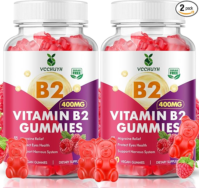 Vitamin B2 Gummies for Kids & Adults, VIT B2 Riboflavin 400mg Supplement with Magnesium for Migraine Relief & Nervous System Support, Non-GMO, Vegan, Raspberry Flavor 120 Count