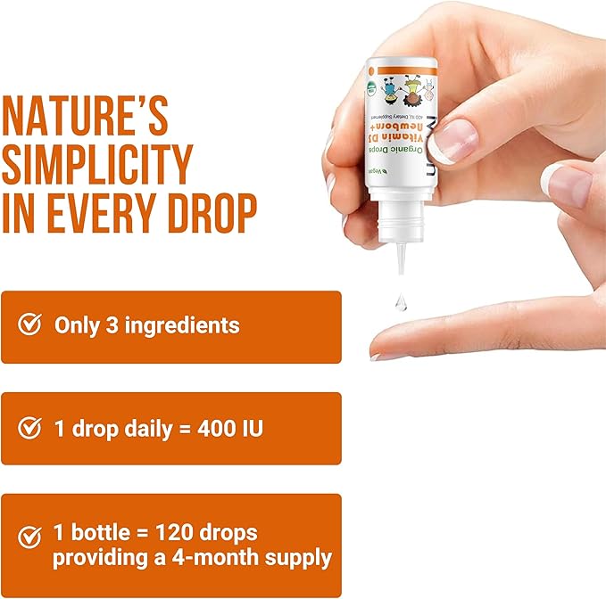 Organic Vegan 400IU, Vitamin D3, 120 Drops β Baby Drop for Infants & Toddlers | USDA Organic, Non-GMO, Plant-Based, No Additives or Preservatives, All Natural, Made in UK