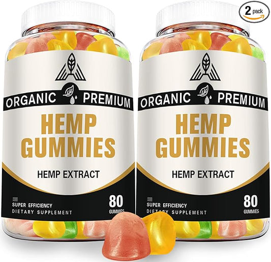 Hemp Gummies Extra Strength High Potency - 100% Natural Organic with Pure Hemp Oil Extract for Sleep, Pain, Anxiety Relief - Vegan Bear Candy Hemp Supplements for Adults (2 Pack)