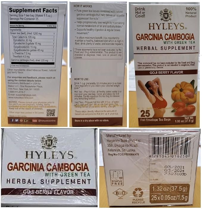 HYLEYS Tea Garcinia Cambogia Green Tea with Goji Berry Flavor - 25 Tea Bags (12 Pack - 300 Tea Bags Total)