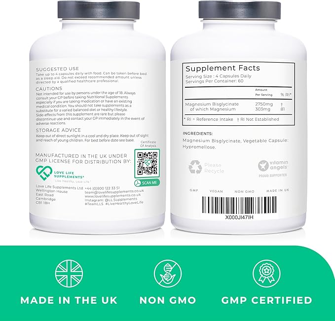 Magnesium Glycinate (Bisglycinate) | Chelated Magnesium Supplements | 2750mg (303mg Magnesium) | 240 Capsules / 60 Servings | Highly Bioavailable | Made in UK - GMP Certified | Love Life Supplements