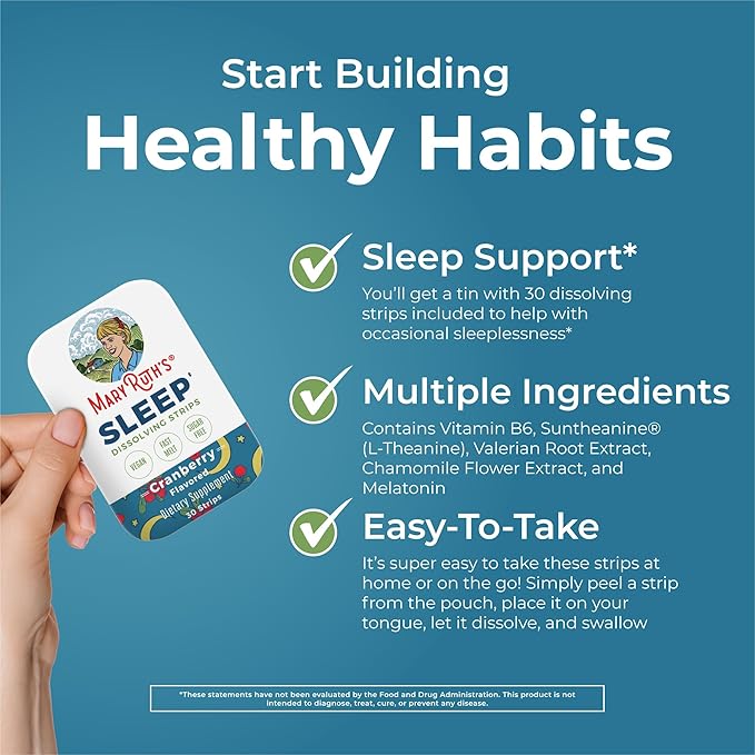 Sleep Dissolving Strips by MaryRuth's | L Theanine | Chamomile Flower | Melatonin 5mg | Valerian Root | Vitamin B6 | Sugar Free | Cranberry Flavor | Vegan | Gluten Free | Dairy Free | 30 Count