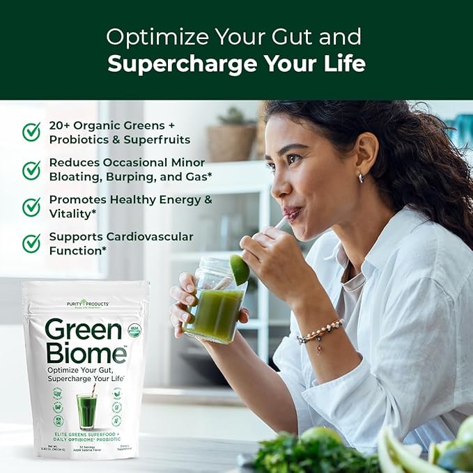 Green Biome - Elite Organic Greens Superfood + Daily OptiBiome Probiotic - Optimized to Promote Bloating Relief, Digestive Comfort + Regularity, Energy - Vegan. Gluten Free -Apple Flavor - 30 Servings