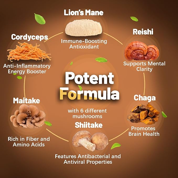 Mushroom Supplement Capsules, Mushrooms Complex, Lions Mane, Cordyceps, Chaga, Reishi, Turkey Tail, Maitake, Brain Supplements for Memory and Focus, 2 Month Supply